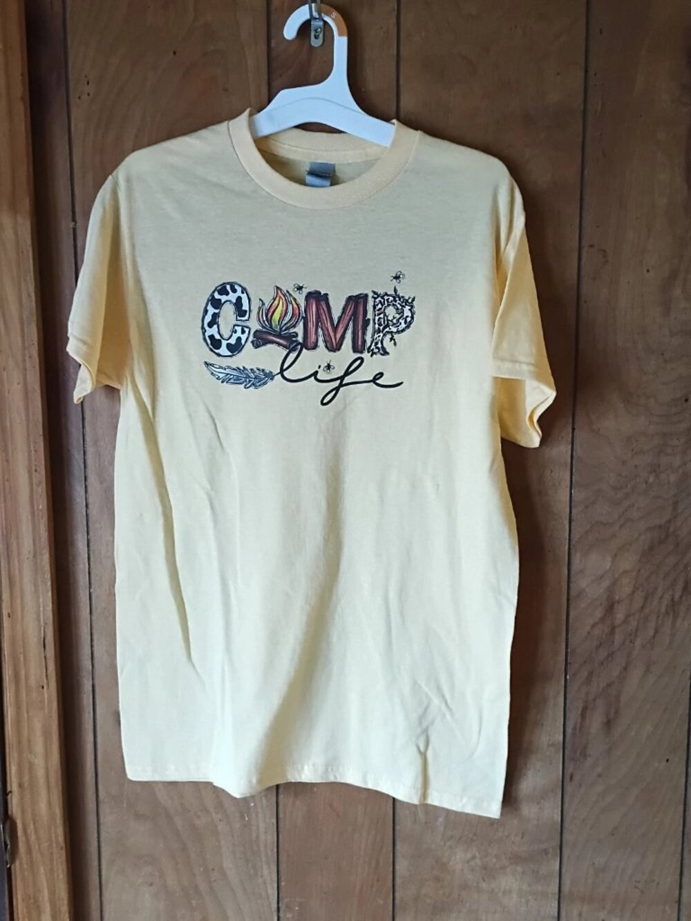Gildan Camp Life Graphic T-Shirt Women's Size S Yellow Short Sleeve Cotton Tee